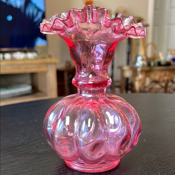 Fenton Other - 6.25” Vintage Fenton Pink Cranberry Double Crimped Coin Dot Optic Ruffle Vase